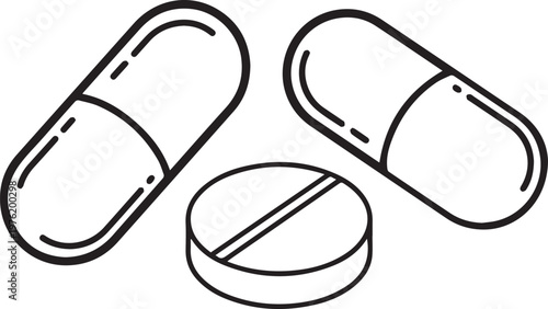 Three pills illustration capsule and round tablet with division line