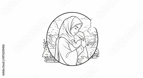 A woman in a hijab lovingly holds her baby in a park setting