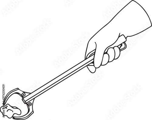 Hand holding tongs picking up crumpled paper line drawing