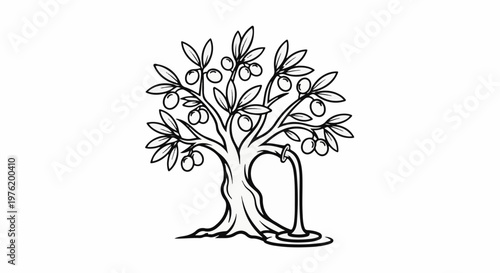 An artistic black and white illustration of a fruit-bearing tree with olives