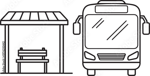 Bus stop shelter and bus illustration line drawing isolated