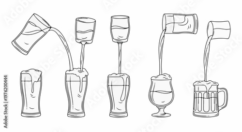 An artistic illustration depicts multiple glasses of frothy liquid being poured