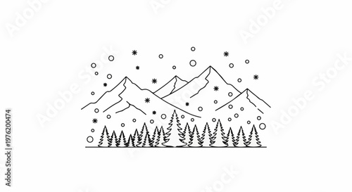 A minimalist line art depicting a snowy mountain range above a line of pine trees