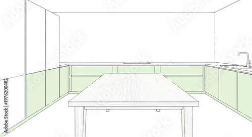 A minimalist kitchen rendering with a central island, pale green cabinetry, and wooden table