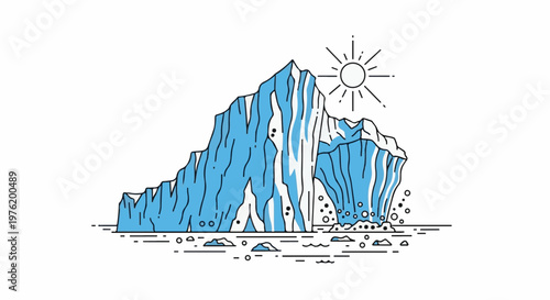 An artistic rendering of a melting iceberg under a stylized sun