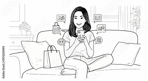 A woman uses a smartphone on a couch, surrounded by social media and shopping icons