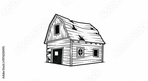 A simple line drawing of a dilapidated barn with broken roof and windows