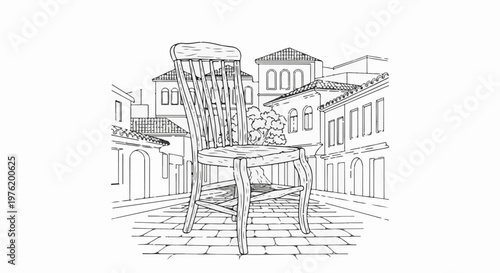 An empty wooden chair sits on a cobblestone street in front of buildings