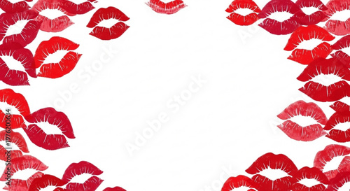 Passionate Red Lipstick Kisses Frame on White Background