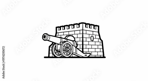 An illustration of a cannon mounted on a brick fortification