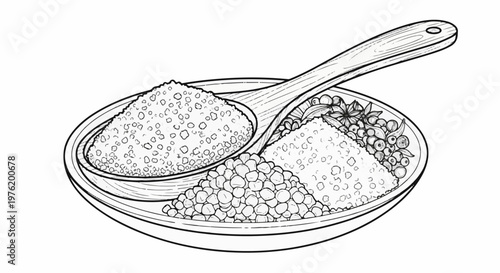 A wooden spoon holds a mound of small grains over a bowl of spices