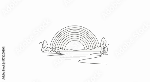 A simple line drawing of a rainbow arching over a serene body of water with trees