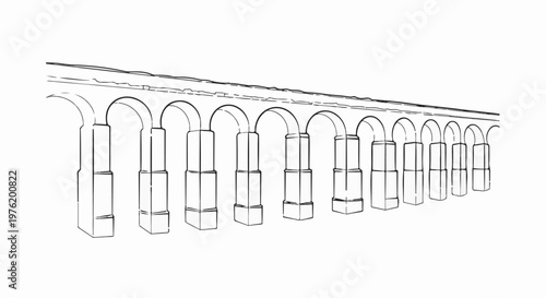 A minimalist line drawing of a long aqueduct with repeating arched supports