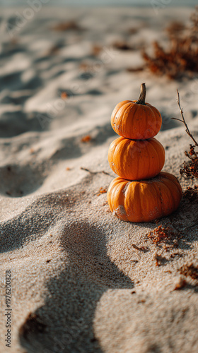 Stacked pumpkins on sandy ground, conveying playful Halloween styling, autumn mood, seasonal contrast, and quirky festive still life.
