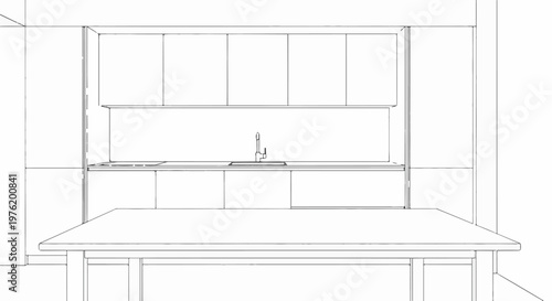 A minimalist line drawing of a modern kitchen with cabinetry, sink, and a long table