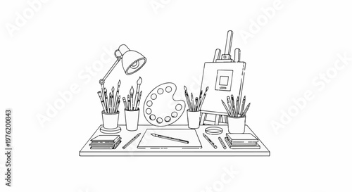 An artist's workspace with an easel, palette, lamp, brushes, pencils, and books