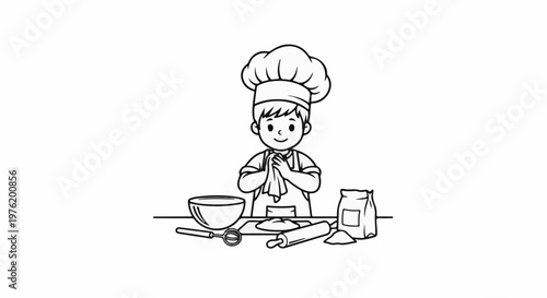 A young child in a chef's hat and apron stands behind a table with baking ingredients and tools
