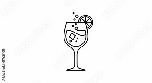 A minimalist outline of a tall wine glass with a refreshing drink, ice, and citrus