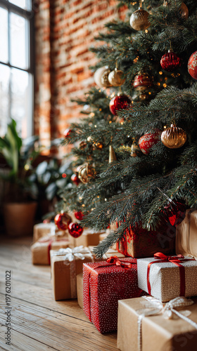 Decorated Christmas tree indoors, conveying festive warmth, winter nostalgia, seasonal beauty, and cozy holiday atmosphere for family celebrations.
