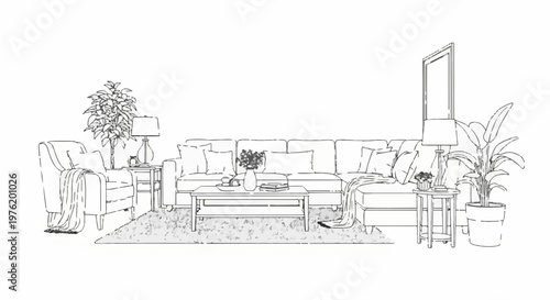 A minimalist sketch of a living room with a sectional couch, armchair, and plants