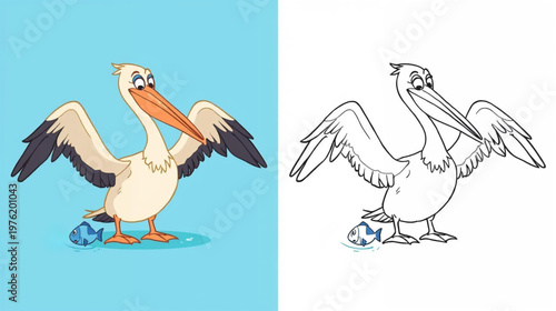 cartoon pelican with outstretched wings standing in shallow water , one panel in full color, the other as a black-and-white line art coloring page 