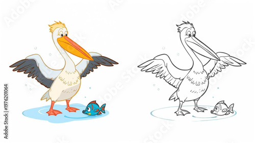 cartoon pelican with outstretched wings standing in shallow water , one panel in full color, the other as a black-and-white line art coloring page 