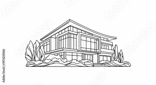 A modern, multi-level building with large windows and landscaping