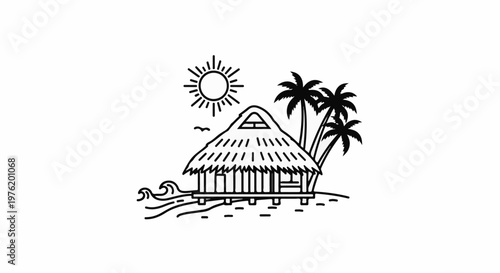 A simple line drawing of a tropical hut with palm trees and waves
