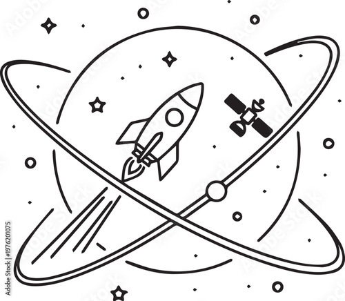 Rocket launching from planet with satellite orbiting