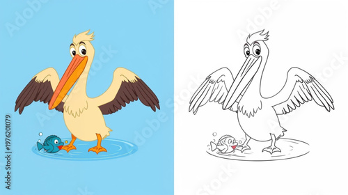 cartoon pelican with outstretched wings standing in shallow water , one panel in full color, the other as a black-and-white line art coloring page 
