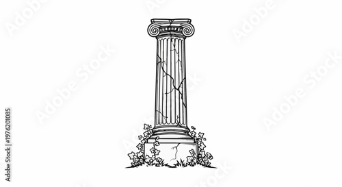 Ancient cracked stone column with ivy growing at its base
