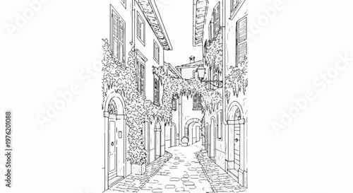 Ancient cobblestone alleyway lined with old buildings and lush greenery