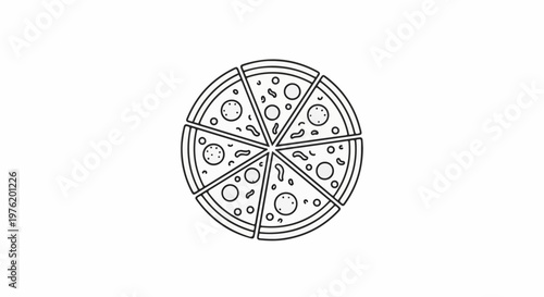 A monochrome line art illustration of a pizza cut into eight slices
