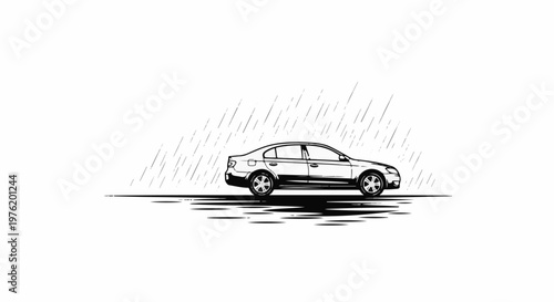 A monochrome line drawing of a sedan caught in a heavy downpour