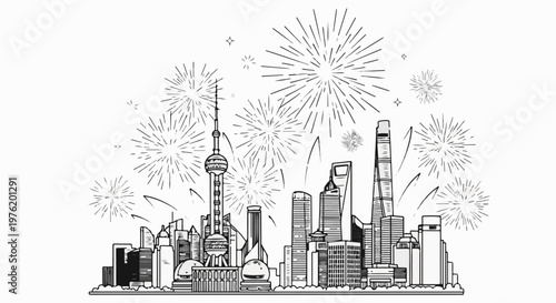 A monochrome sketch of a modern city skyline with fireworks