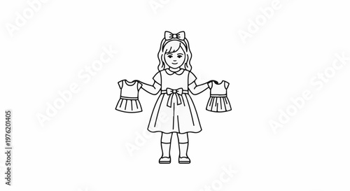 A young girl in a dress with a bow holding two dresses