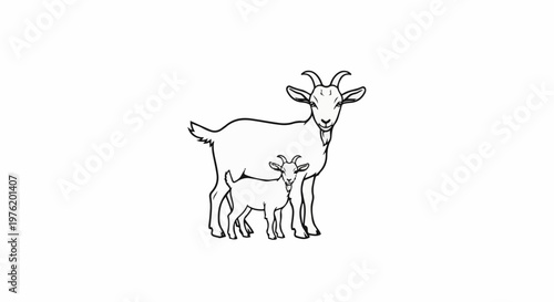 A mother goat and her kid stand together, depicted in a simple line drawing