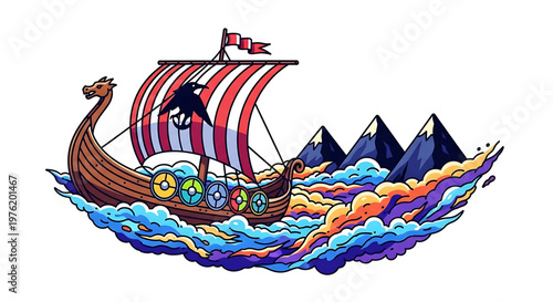 A colorful Viking ship sailing through vibrant waves towards majestic mountains