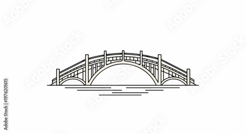 A simple, stylized arched bridge spans over tranquil water with a white background