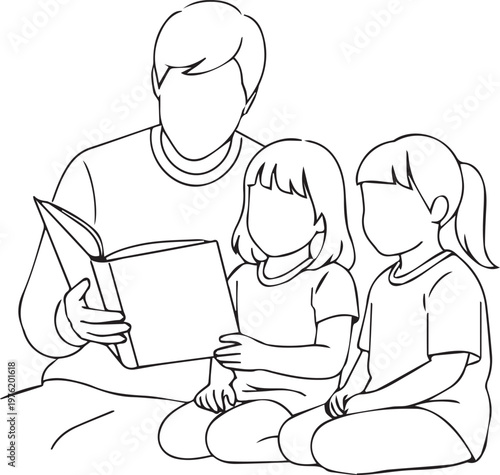 Father reading a book to two children illustration