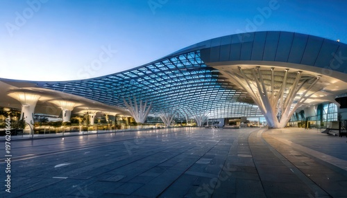 Modern airport terminal with unique architectural design and lighting.