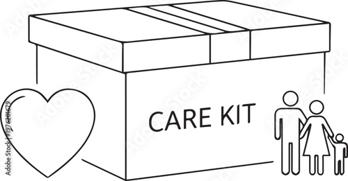 Care kit donation box with family and heart icons