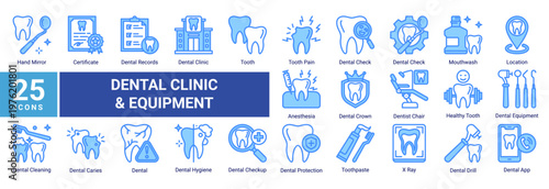 Dental Clinic Equipment icon set featuring dental tools,diagnostics,oral hygiene products and clinic elements suitable for healthcare and dental service design projects