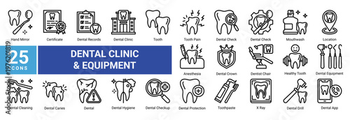 Dental Clinic Equipment icon set featuring dental tools,diagnostics,oral hygiene products and clinic elements suitable for healthcare and dental service design projects