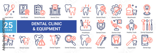 Dental Clinic Equipment icon set featuring dental tools,diagnostics,oral hygiene products and clinic elements suitable for healthcare and dental service design projects