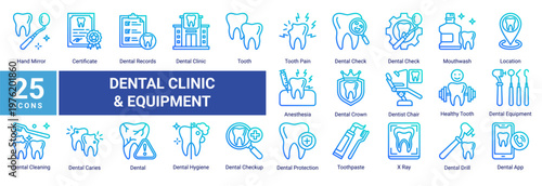 Dental Clinic Equipment icon set featuring dental tools,diagnostics,oral hygiene products and clinic elements suitable for healthcare and dental service design projects