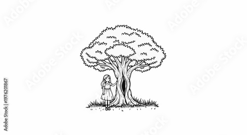 A young girl stands beside a large, hollow tree, surrounded by grass