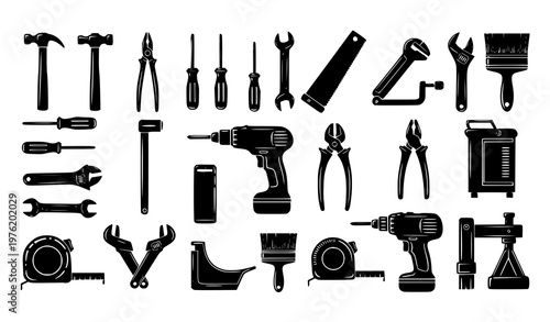 Industrial and DIY tools icon set – black silhouette vector illustrations