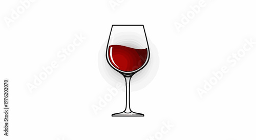A single wine glass filled with rich red wine sits on a white background