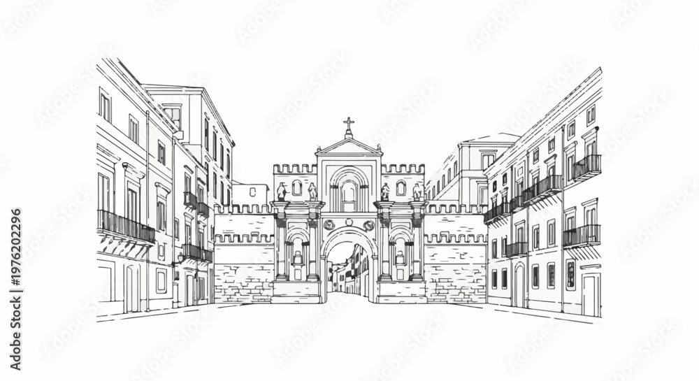 Fototapeta premium A sketch of a grand stone archway framed by ornate buildings with balconies